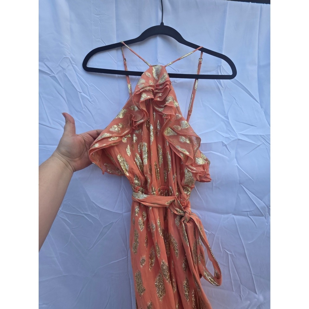 Sundress Orange Gold Metallic Fil Coupe Ruffle Halter Maxi Dress Size Large NWT - Picture 3 of 11